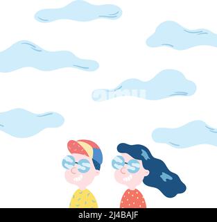 Hand drawn vector illustration of happy man and woman smiling on sky background. Young adult couple wearing sunglasses Stock Vector