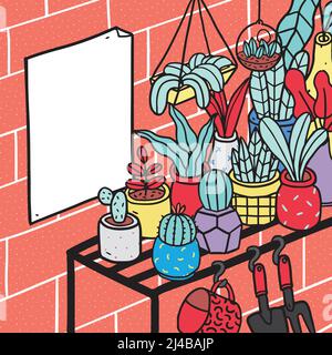 Hand drawn vector illustration of plants in pots on shelves and blank poster on brick wall. Stock Vector