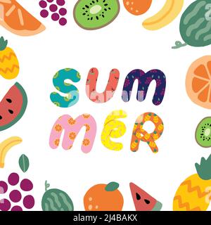 Hand drawn vector illustration of summer text and fruit frame on white background. Abstract doodle wallpaper. Stock Vector