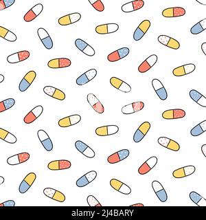 Hand drawn vector illustration of pill capsule medicine pattern in cartoon style. Stock Vector