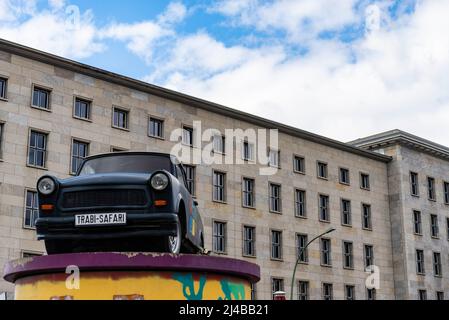 Berlin, Germany - April 2, 2015: vintage Trabant cars at Trabi Musem at Check Point Charlie in the capital city - The automobile was produced from 195 Stock Photo