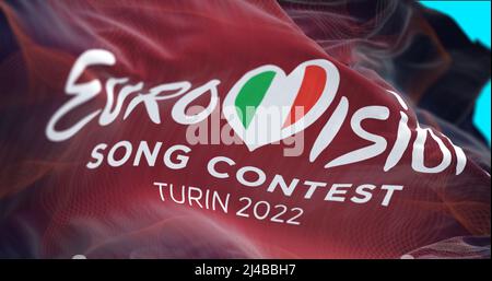 Turin, Italy, April 2022: The flag of the Eurovision Song Contest 2022 logo waving in the wind. The 2022 edition will take place in Turin, Italy from Stock Photo