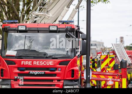 Essex County Fire & Rescue Service Angloco Scania P310 Aerial Ladder Platform, ALP, attending training exercise, with fire appliances. Fire engines Stock Photo