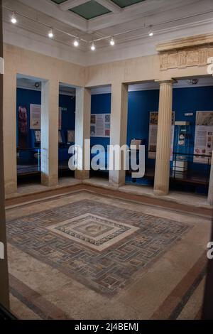 The tiled mosaic floor of the Central Courtyard of the Domvs Romana (Roman Villa) in Rabat, Malta. Stock Photo