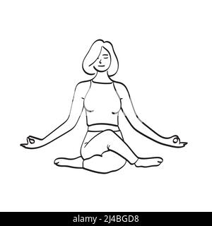woman practices yoga and meditates in the lotus position illustration vector hand drawn isolated on white background line art. Stock Vector
