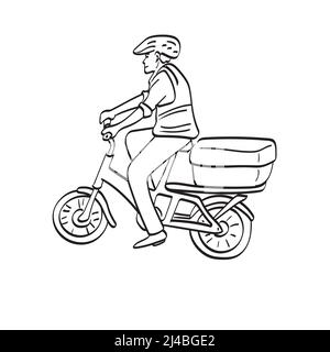 Food delivery man with a bag on a bicycle illustration vector hand drawn isolated on white background line art. Stock Vector