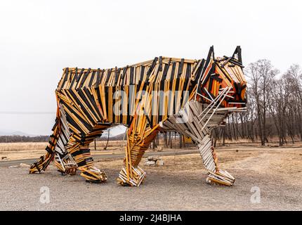 Tiger statue in the forest, copy of specification. Tiger made of wood. High quality photo Stock Photo