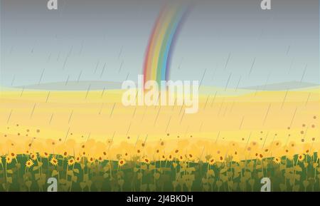 Colorful beautiful field landscape background with sunflowers and rainbow after rain vector illustration Stock Vector