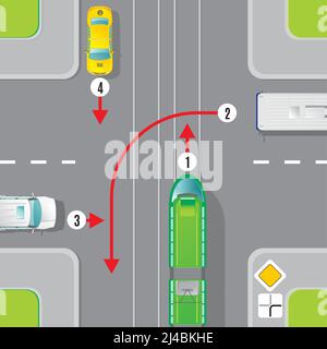 Urban traffic top view concept with city transport and priority of movement on intersection vector illustration Stock Vector