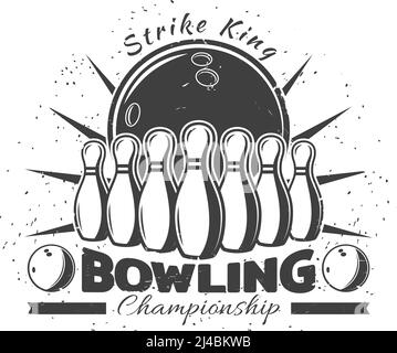 Vintage bowling club template with inscription balls and pins in monochrome style vector illustration Stock Vector