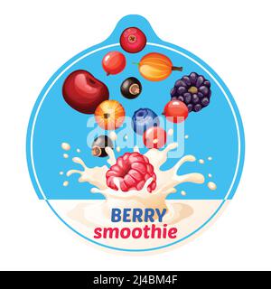 Cartoon berry smoothie sticker with rapsberry gooseberry bilberry cherry blackberry cranberry cowberry currant falling in milk splashes vector illustr Stock Vector