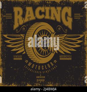 Vintage moto club poster with inscriptions and wheel flying on wings in monochrome style vector illustration Stock Vector