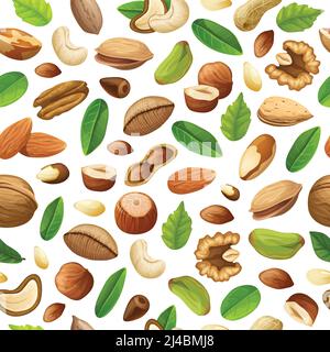 Cartoon natural food seamless pattern with different sorts of nuts and green leaves vector illustration Stock Vector