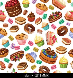 Cartoon colorful desserts seamless pattern with sweet products cakes cupcakes cookies macaroons donuts and berries vector illustration Stock Vector