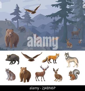 Cartoon colorful forest animals set with wild boar owl fox wolf lynx bear deer hare squirrel vector illustration Stock Vector