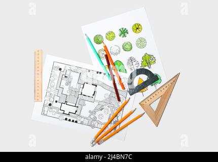 Paper sheets with sketches for landscape design and stationery on light background Stock Photo