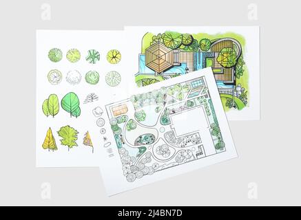 Paper sheets with sketches for landscape design on light background Stock Photo