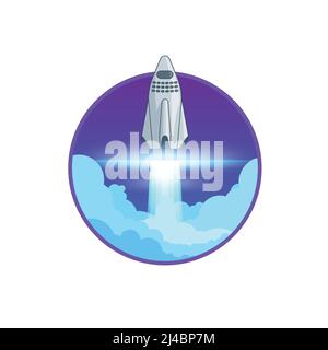 Colorful rocket launch round sign template with blue clouds and flame on purple background vector illustration Stock Vector