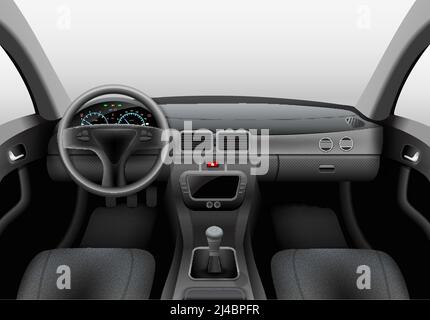 Realistic car dark interior with dashboard windshield and steering wheel vector illustration Stock Vector