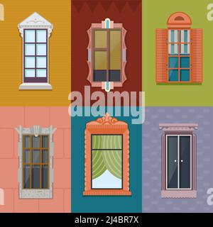 Colorful windows flat collection of different shapes and construction for building exterior on wall background vector illustration Stock Vector