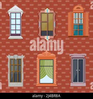 Colorful detailed windows flat set of different architecture and construction on brick wall background vector illustration Stock Vector