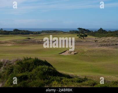 Overlook of green and a sand trap at Bandon Dunes Golf Resort with the Pacific Ocean in the background. Stock Photo