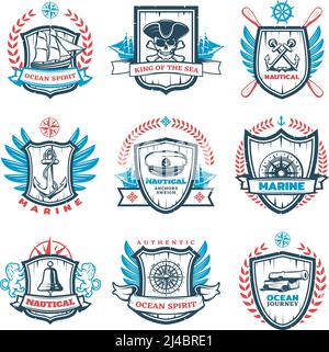 Vintage colored nautical emblems set with marine and sailing elements on heraldic shields isolated vector illustration Stock Vector