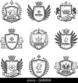 Vintage monochrome heraldic emblems set with ornate coats of arms and medieval blazons isolated vector illustration Stock Vector