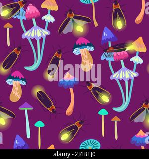 Seamless pattern with firefly beetles and fairy mushrooms for textile and design. Stock Vector