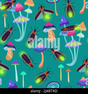 Seamless pattern with firefly beetles and fairy mushrooms for textile and design. Stock Vector