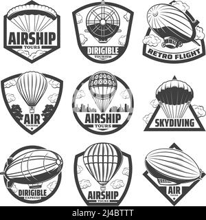 Vintage monochrome airship labels set with inscriptions hot air balloons blimps and dirigibles isolated vector illustration Stock Vector