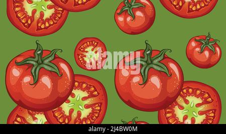 Colorful drawing vegetables pattern with fresh tomatos and half on green background vector illustration Stock Vector
