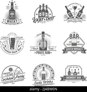 Alcohol drinks premium quality black label set isolated vector illustration Stock Vector