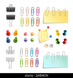 Paper clips binders and pins white black and colored 3d object set isolated vector illustration Stock Vector