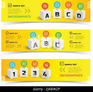 Colorful infographic horizontal banners with 3d squares text tags icons on bright background isolated vector illustration Stock Vector