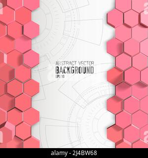 Vertical decorations from pink 3d hexagons and engineering drawings on white background with text vector illustration Stock Vector