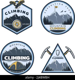Vintage colored mountain climbing emblems set with inscriptions eagle tent pickaxes metal carabiner on nature landscape isolated vector illustration Stock Vector