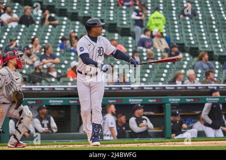 Detroit MI, USA. 13th Apr, 2022. Detroit center fielder Akil Baddoo (60)  before the game with Boston Red Sox and Detroit Tigers held at Comercia  Park in Detroit Mi. David Seelig/Cal Sport