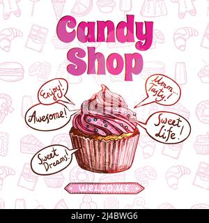 Candy shop poster with hand drawn cupcake and sweets on background vector illustration Stock Vector