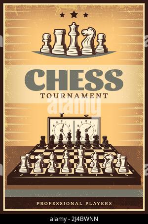 Vintage chess competition poster with lettering figures on chessboard before game and clock vector illustration Stock Vector