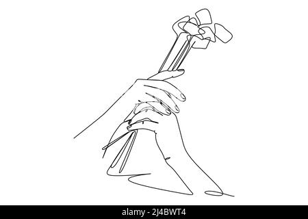 Single continuous line holding flowers isolated on white background vector illustration Stock Vector