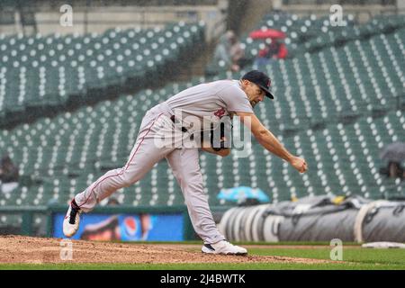 April 13 2022: Boston pitcher Nathan Eovaldi (17) throws a pitch during the  game with Boston Red Sox and Detroit Tigers held at Comercia Park in  Detroit Mi. David Seelig/Cal Sport Medi(Credit