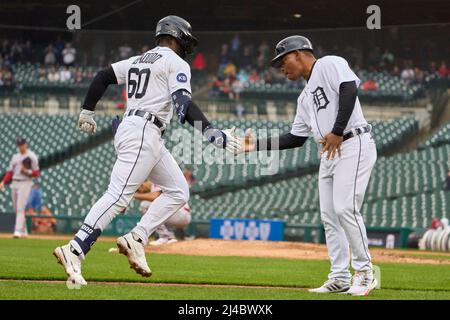 Detroit MI, USA. 13th Apr, 2022. Detroit center fielder Akil Baddoo (60)  hots a homer during the game with Boston Red Sox and Detroit Tigers held at  Comercia Park in Detroit Mi. David Seelig/Cal Sport Medi. Credit: csm/Alamy  Live News Stock Photo - A