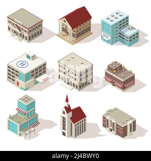 City buildings isometric icons set with hospital church and school police and theater mall isolated vector illustration Stock Vector