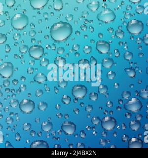 Water drops seamless realistic circle raindrop images of different size on a cold blue gradient background vector illustration Stock Vector