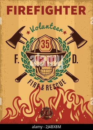 Vintage firefighter poster with skull in helmet flame laurel wreath and crossed axes vector illustration Stock Vector