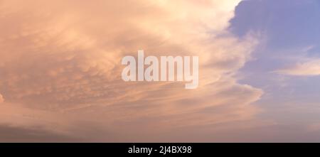 Dramatic panorama sky with cloud on sunrise and sunset time. Panoramic image. Stock Photo