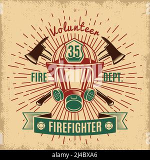 Vintage firefighting label with fireman rescue mask crossed axes and ribbon isolated vector illustration Stock Vector