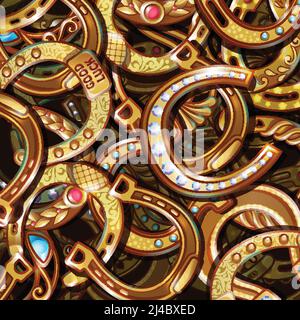 Cartoon bright ornate gold horseshoes pattern with precious stones jewels and gems vector illustration Stock Vector