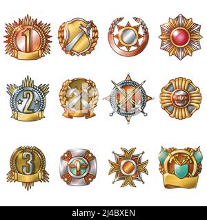 Colorful military awards collection of medals and badges of different shapes in cartoon style isolated vector illustration Stock Vector